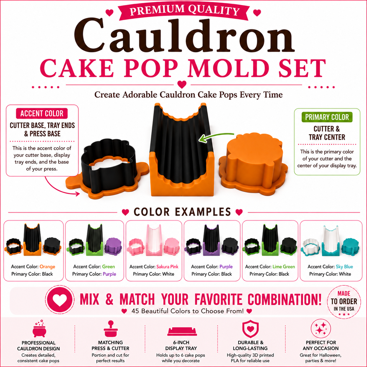 Cauldron cake pop mold set components with matching mold, press tool, cutter, and 6-inch tray.