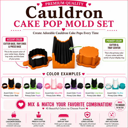 Cauldron cake pop mold set components with matching mold, press tool, cutter, and 6-inch tray.