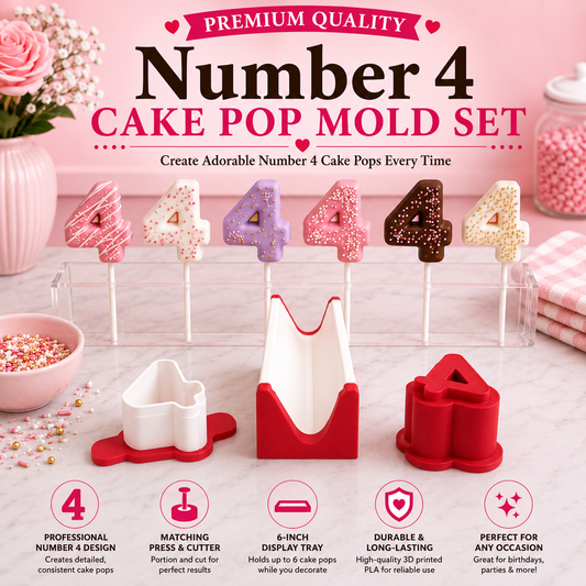 Number 4 cake pop mold set with matching tools and decorated number 4 cake pops.