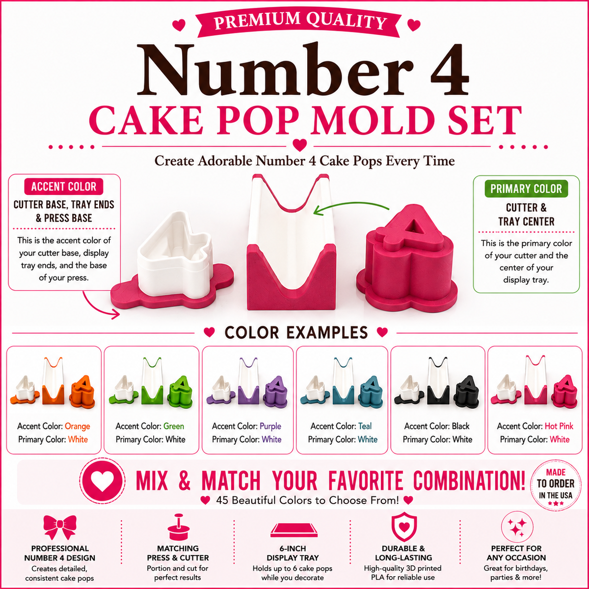 Number 4 cake pop mold set product guide showing included tools, features, and color choices.