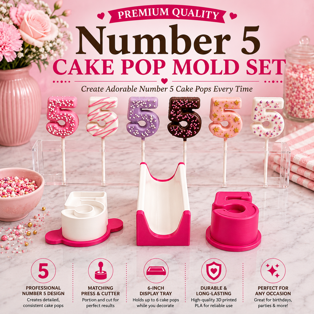 Number 5 cake pop mold set with matching tools and decorated number 5 cake pops.