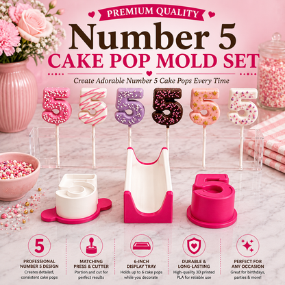 Number 5 cake pop mold set with matching tools and decorated number 5 cake pops.
