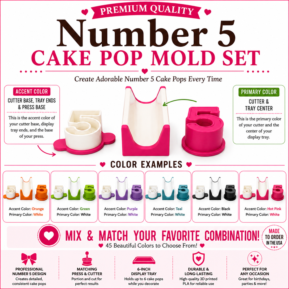 Number 5 cake pop mold set product guide showing included tools, features, and color choices.