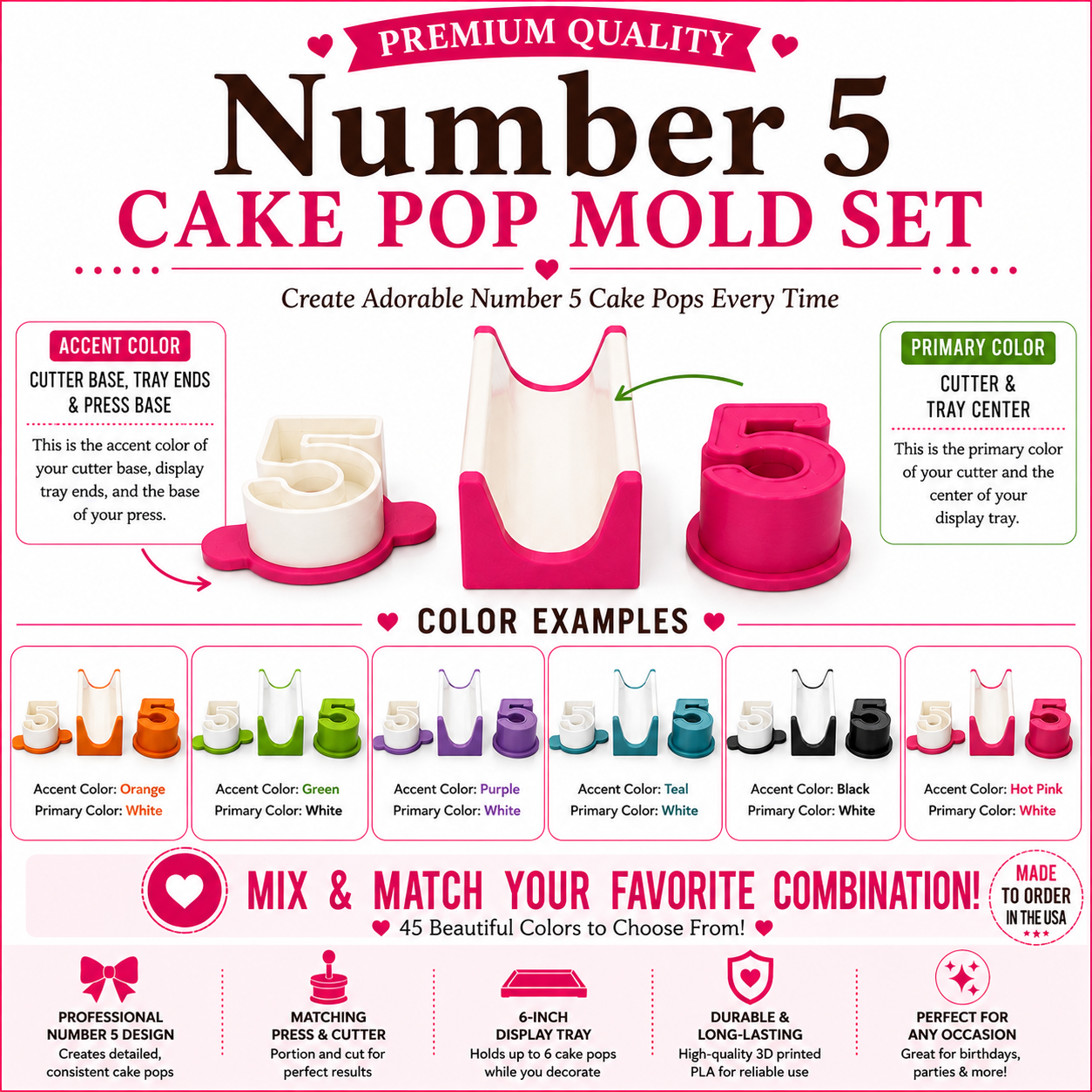 Number 5 cake pop mold set product guide showing included tools, features, and color choices.