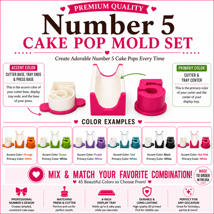 Number 5 cake pop mold set product guide showing included tools, features, and color choices.