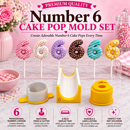 Number 6 cake pop mold set with matching tools and decorated number 6 cake pops.