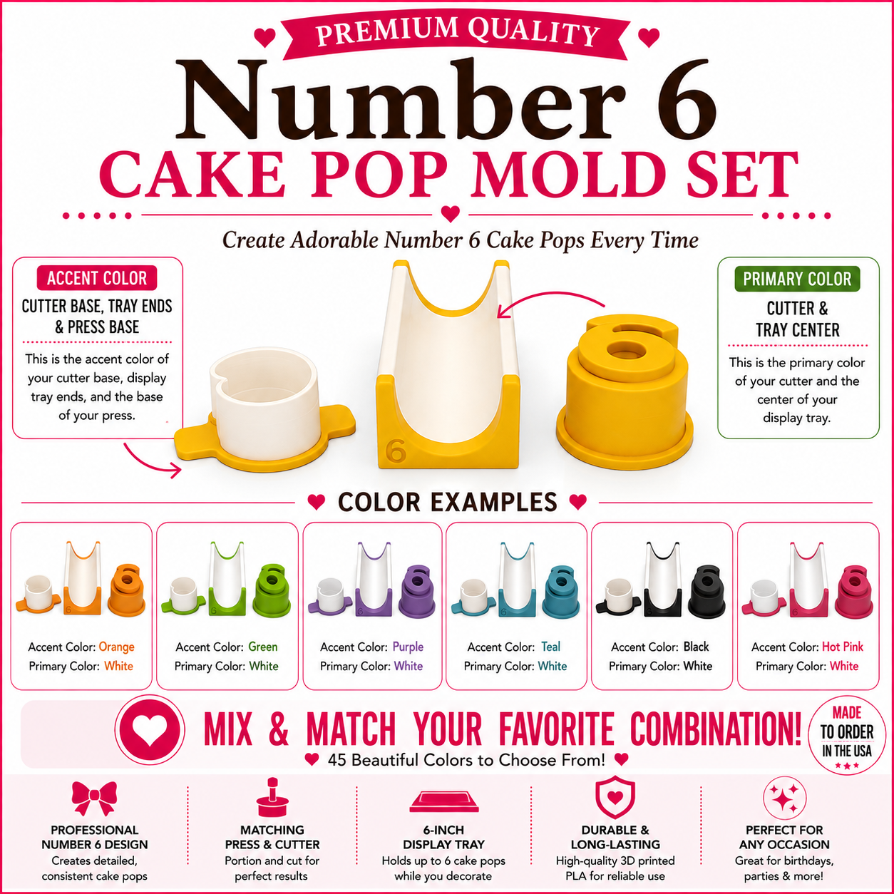 Number 6 cake pop mold set product guide showing included tools, features, and color choices.