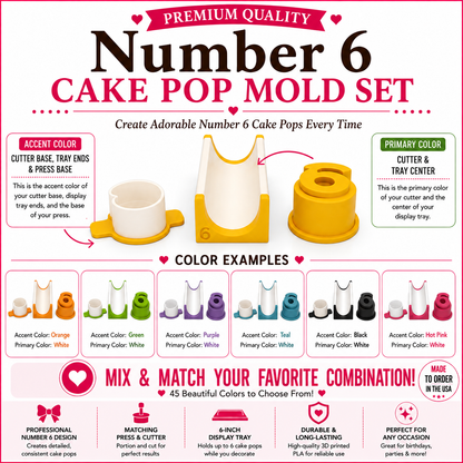 Number 6 cake pop mold set product guide showing included tools, features, and color choices.