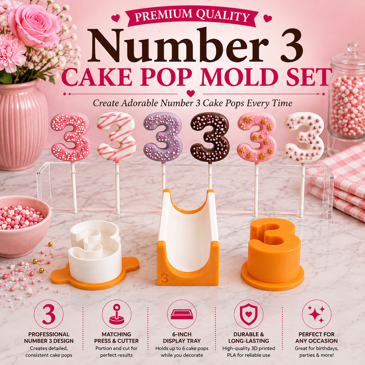 Number 3 cake pop mold set with matching tools and decorated number 3 cake pops.