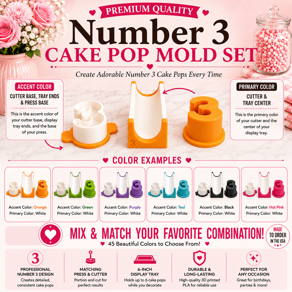 Number 3 cake pop mold set product guide showing included tools, features, and color choices.