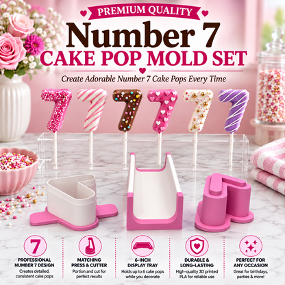 Number 7 cake pop mold set with matching tools and decorated number 7 cake pops.