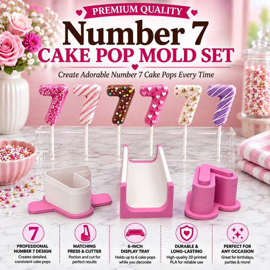 Number 7 cake pop mold set with matching tools and decorated number 7 cake pops.