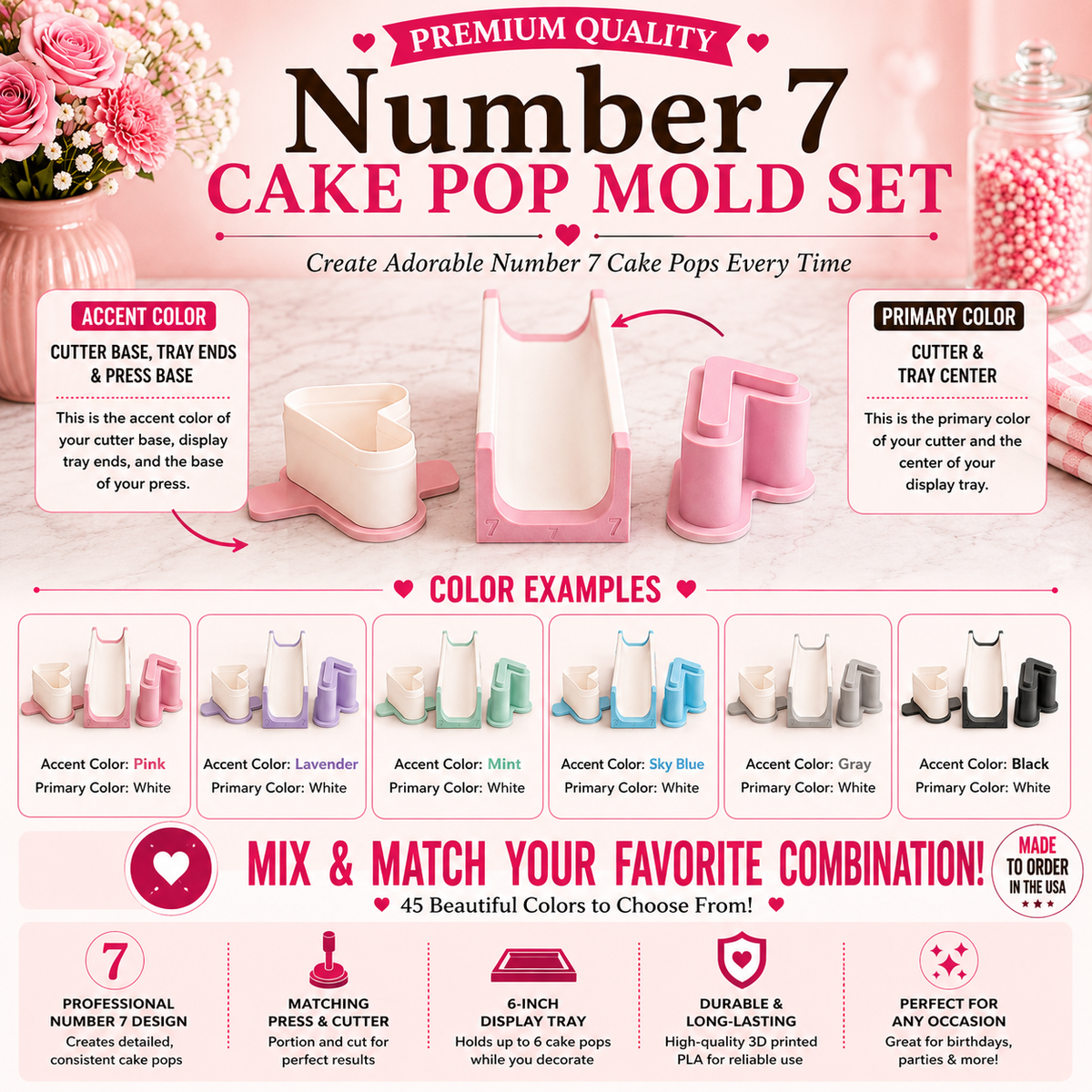 Number 7 cake pop mold set product guide showing included tools, features, and color choices.