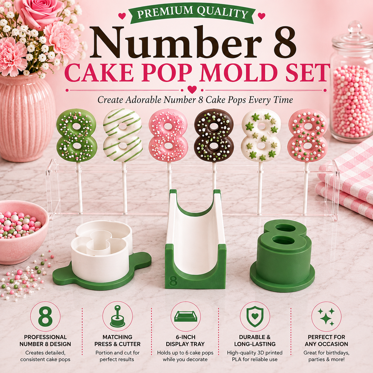 Number 8 cake pop mold set with matching tools and decorated number 8 cake pops.
