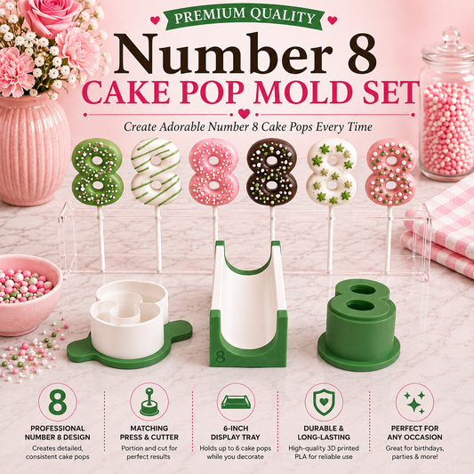 Number 8 cake pop mold set with matching tools and decorated number 8 cake pops.