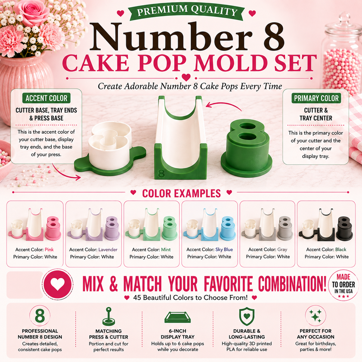 Number 8 cake pop mold set product guide showing included tools, features, and color choices.