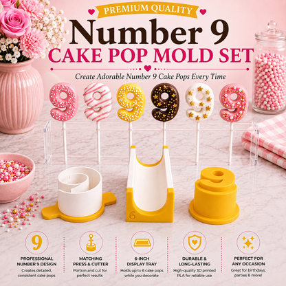 Number 9 cake pop mold set with matching tools and decorated number 9 cake pops.