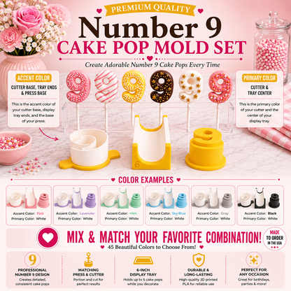 Number 9 cake pop mold set product guide showing included tools, features, and color choices.