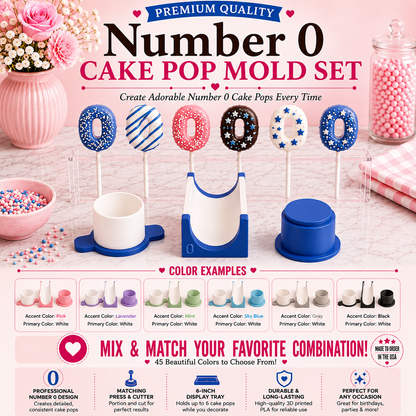 Number 0 cake pop mold set with matching tools and decorated number 0 cake pops.