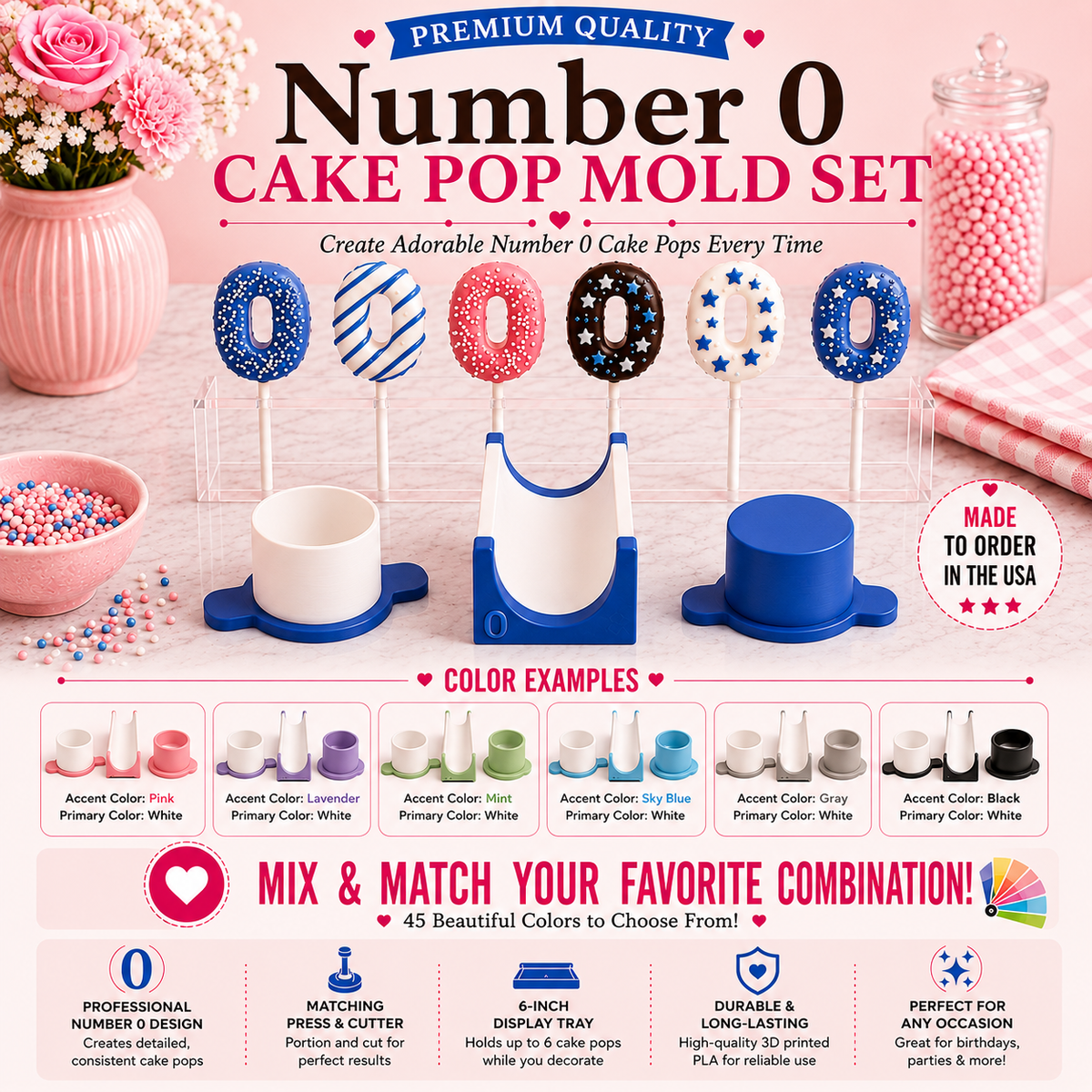 Number 0 cake pop mold set product guide showing included tools, features, and color choices.