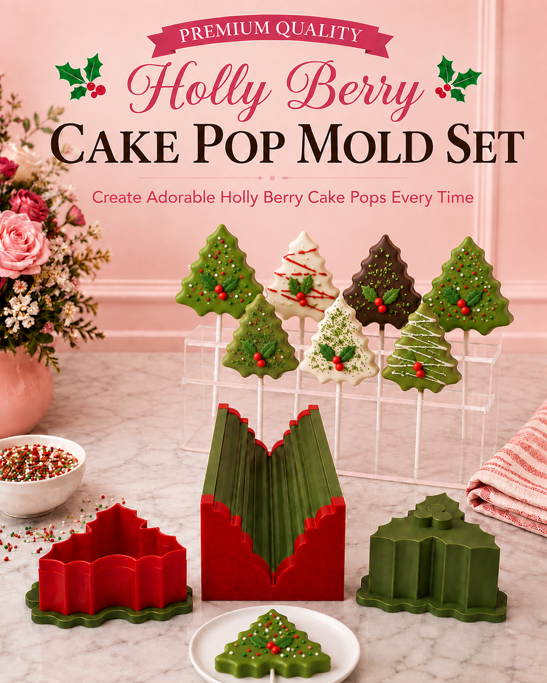 Holly Berry cake pop mold set with matching tools and decorated holly berry cake pops.