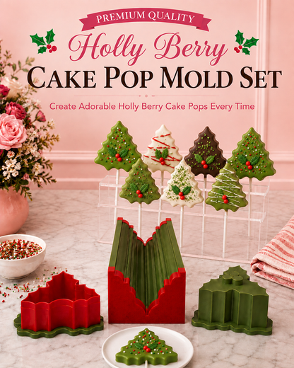 Holly Berry cake pop mold set with matching tools and decorated holly berry cake pops.