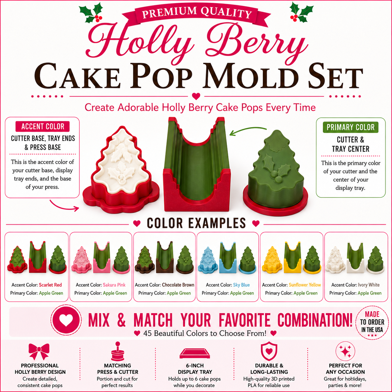 Holly Berry cake pop mold set product guide showing included tools, features, and color choices.