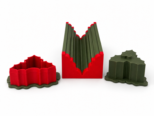 Holly Berry cake pop mold set components with matching mold, press tool, cutter, and 6-inch tray.