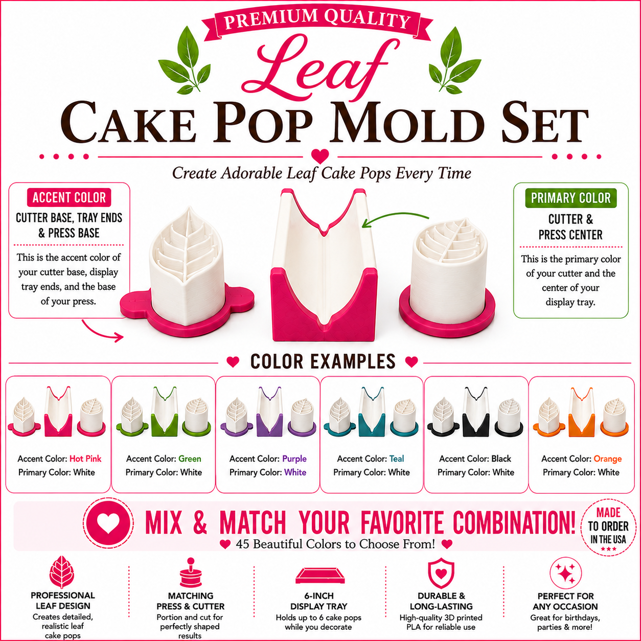Leaf cake pop mold set product guide showing included tools, features, and color choices.