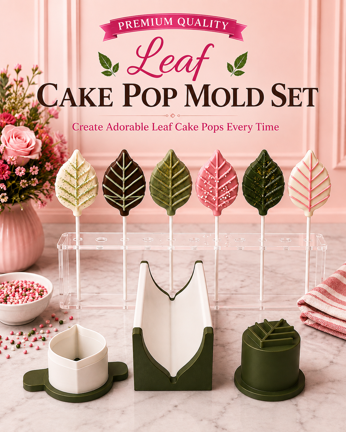 Leaf cake pop mold set with matching tools and decorated leaf cake pops.