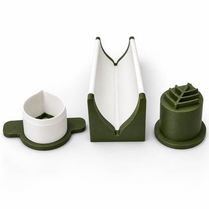 Leaf cake pop mold set components with matching mold, press tool, cutter, and 6-inch tray.