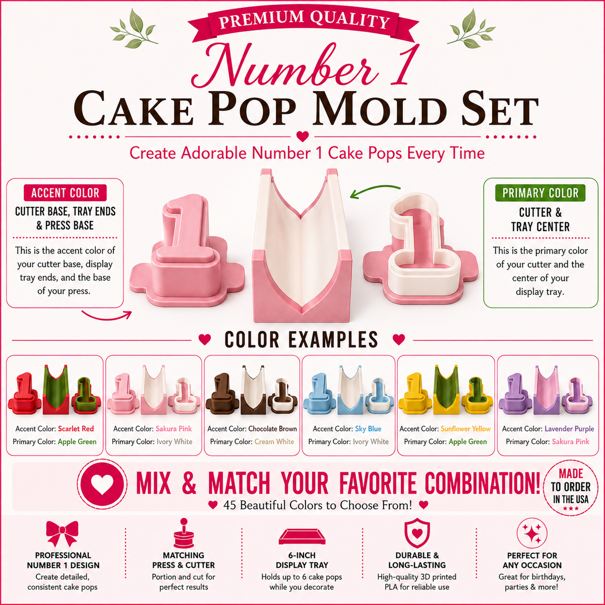 Number 1 cake pop mold set product guide showing included tools, features, and color choices.