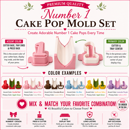 Number 1 cake pop mold set product guide showing included tools, features, and color choices.