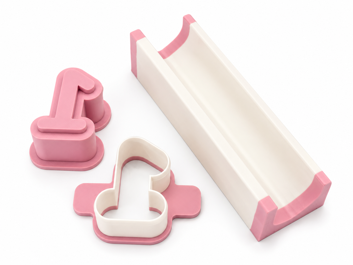 Number 1 cake pop mold set components with matching mold, press tool, cutter, and 6-inch tray.