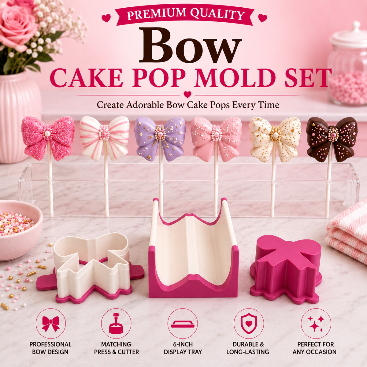 Bow cake pop mold set with matching tools and decorated bow cake pops.