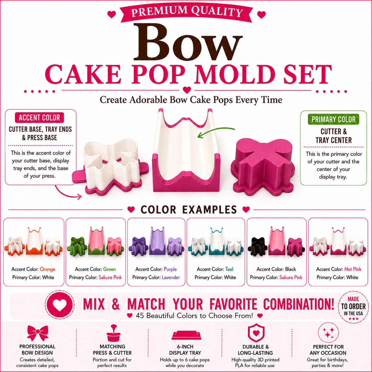 Bow cake pop mold set components with matching mold, press tool, cutter, and 6-inch tray.