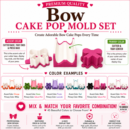 Bow cake pop mold set components with matching mold, press tool, cutter, and 6-inch tray.