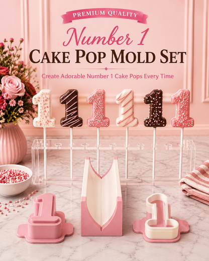 Number 1 cake pop mold set with matching tools and decorated number 1 cake pops.