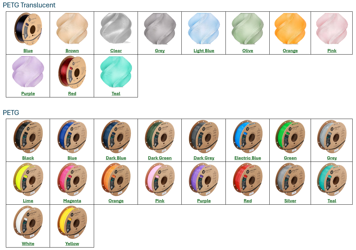 PETG translucent and solid filament color chart showing available color options.