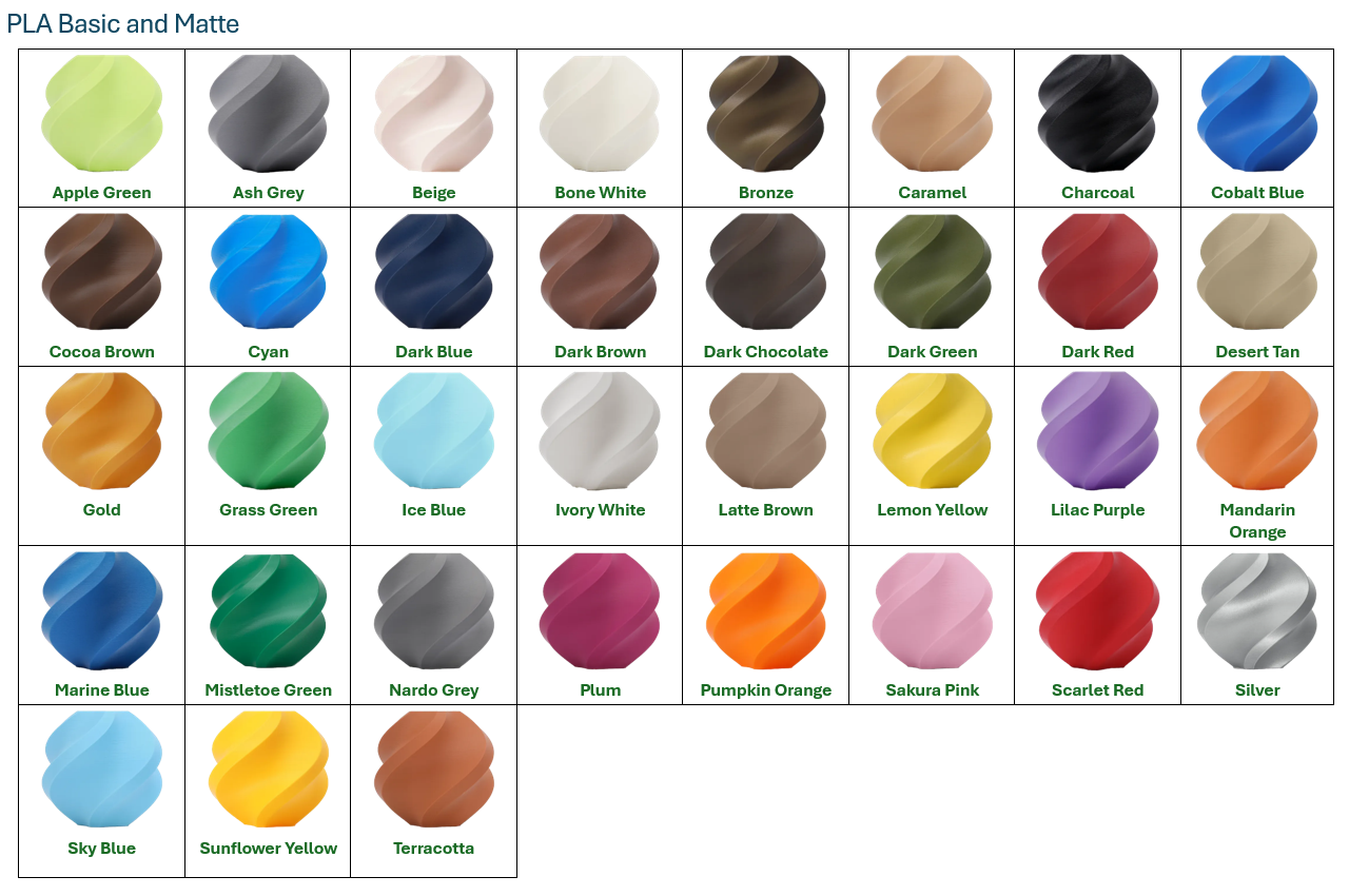 PLA Basic and Matte filament color chart showing available color options for custom products from Farmhouse Craft Works.