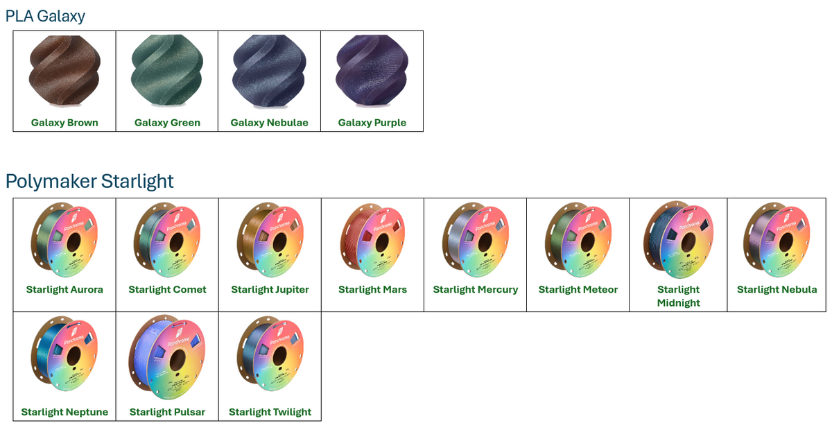 PLA Galaxy and PLA Starlight filament color chart showing available color options for custom products from Farmhouse Craft Works.