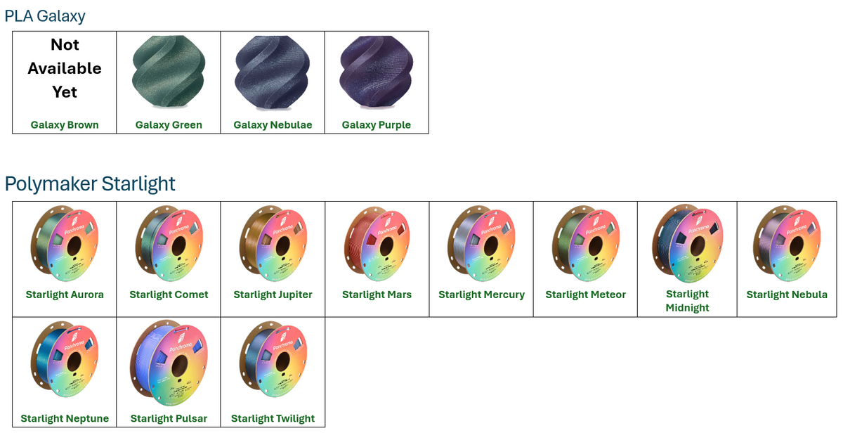 PLA Silk and Silk Plus filament color chart showing available color options for custom products from Farmhouse Craft Works.
