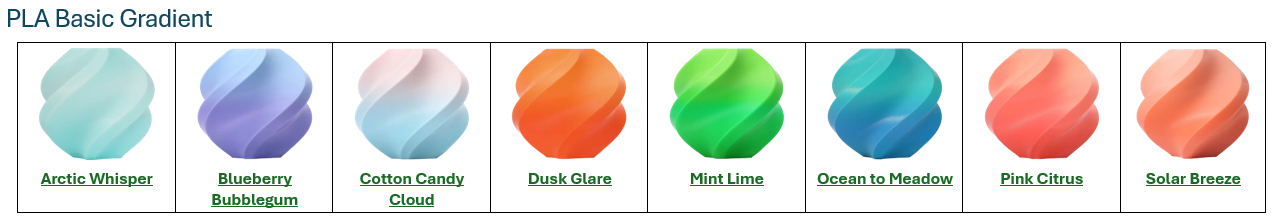 PLA Gradient filament color chart showing available color options for custom products from Farmhouse Craft Works.