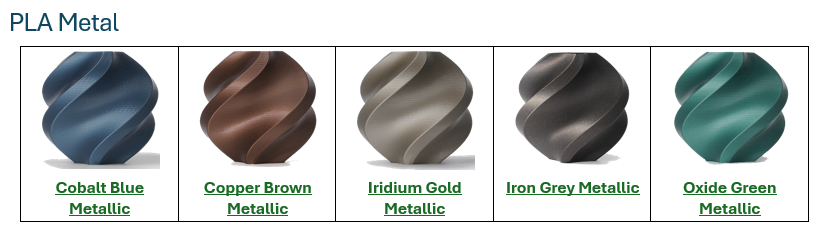 PLA Metal filament color chart showing available color options for custom products from Farmhouse Craft Works.