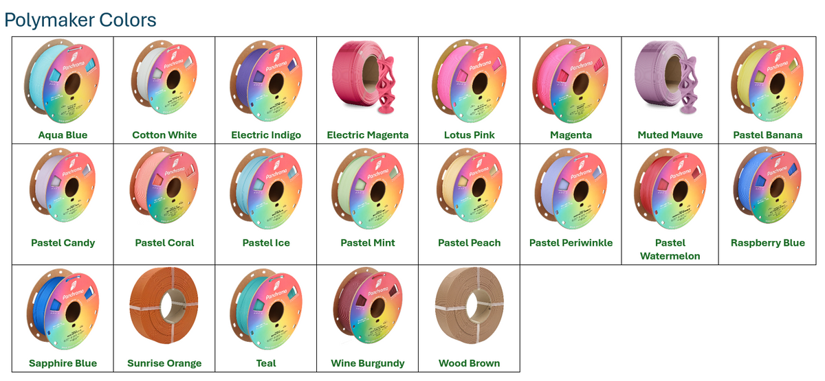 Polymaker Colors filament color chart showing available color options for custom products from Farmhouse Craft Works.