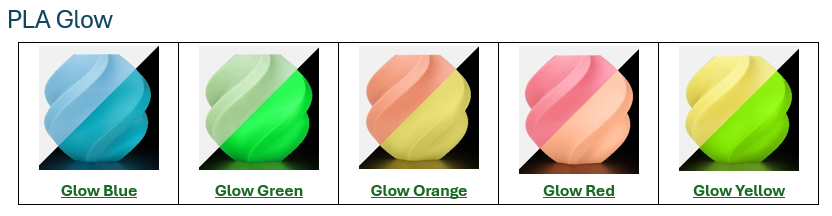 PLA Glow filament color chart showing available color options for custom products from Farmhouse Craft Works.