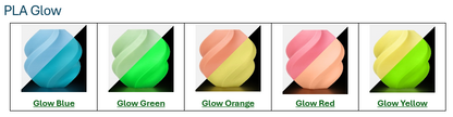 PLA Glow filament color chart showing available color options for custom products from Farmhouse Craft Works.