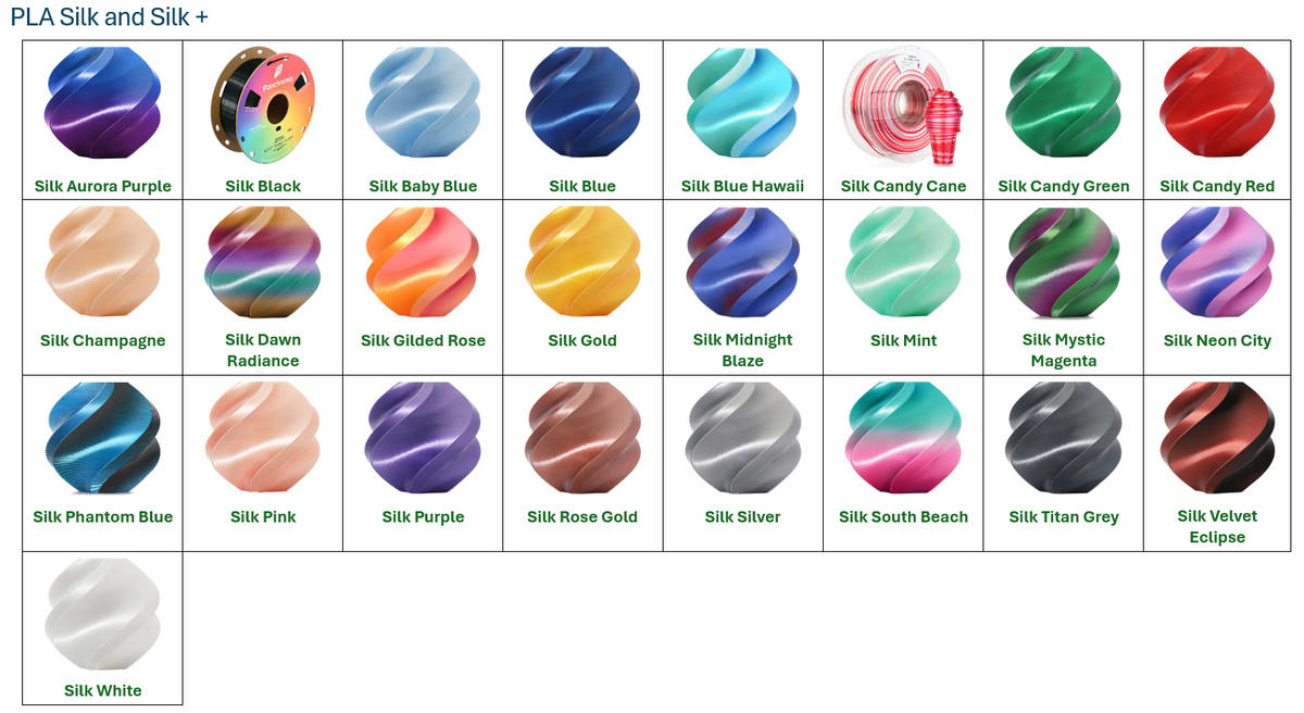 PLA Silk and Silk Plus filament color chart showing available color options for custom products from Farmhouse Craft Works.