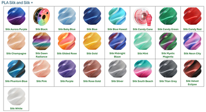 PLA Silk and Silk Plus filament color chart showing available color options for custom products from Farmhouse Craft Works.