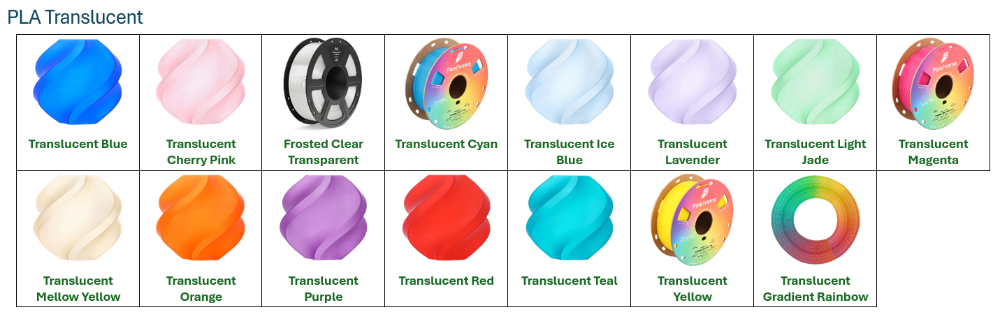 PLA Translucent filament color chart showing available color options for custom products from Farmhouse Craft Works.